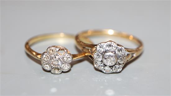 Two yellow metal and diamond cluster flower head dress rings, one stamped 18ct.